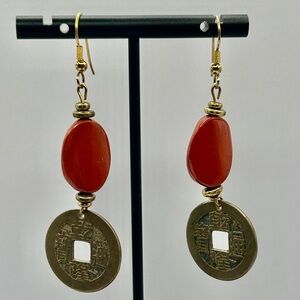 Asian Coin Burnt Orange Brass Dangle Earrings